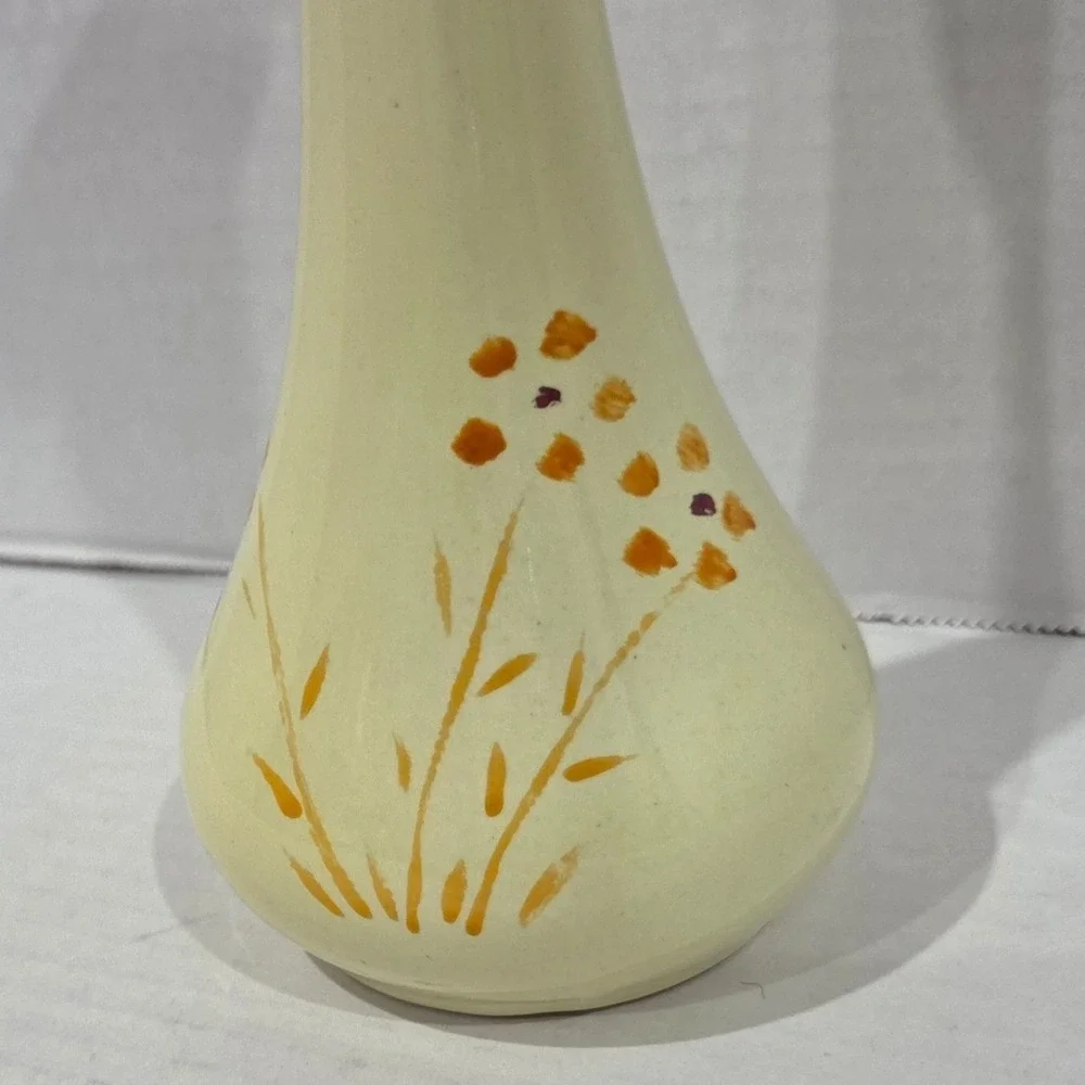 Vintage Mexico Ceramic Bud Vase Hand Painted Floral Cream yellow 8.5 Inch Tall